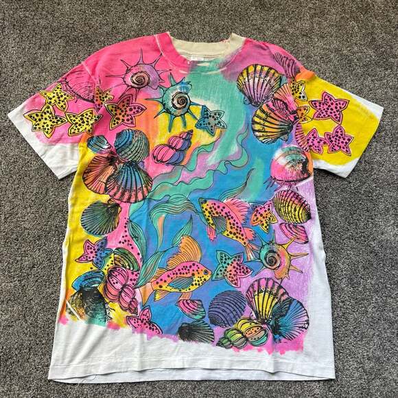 Fruit of the Loom Other - Vintage 90s Marine Life All Over Print T Shirt XL Made USA Single Stitch Fish Sh